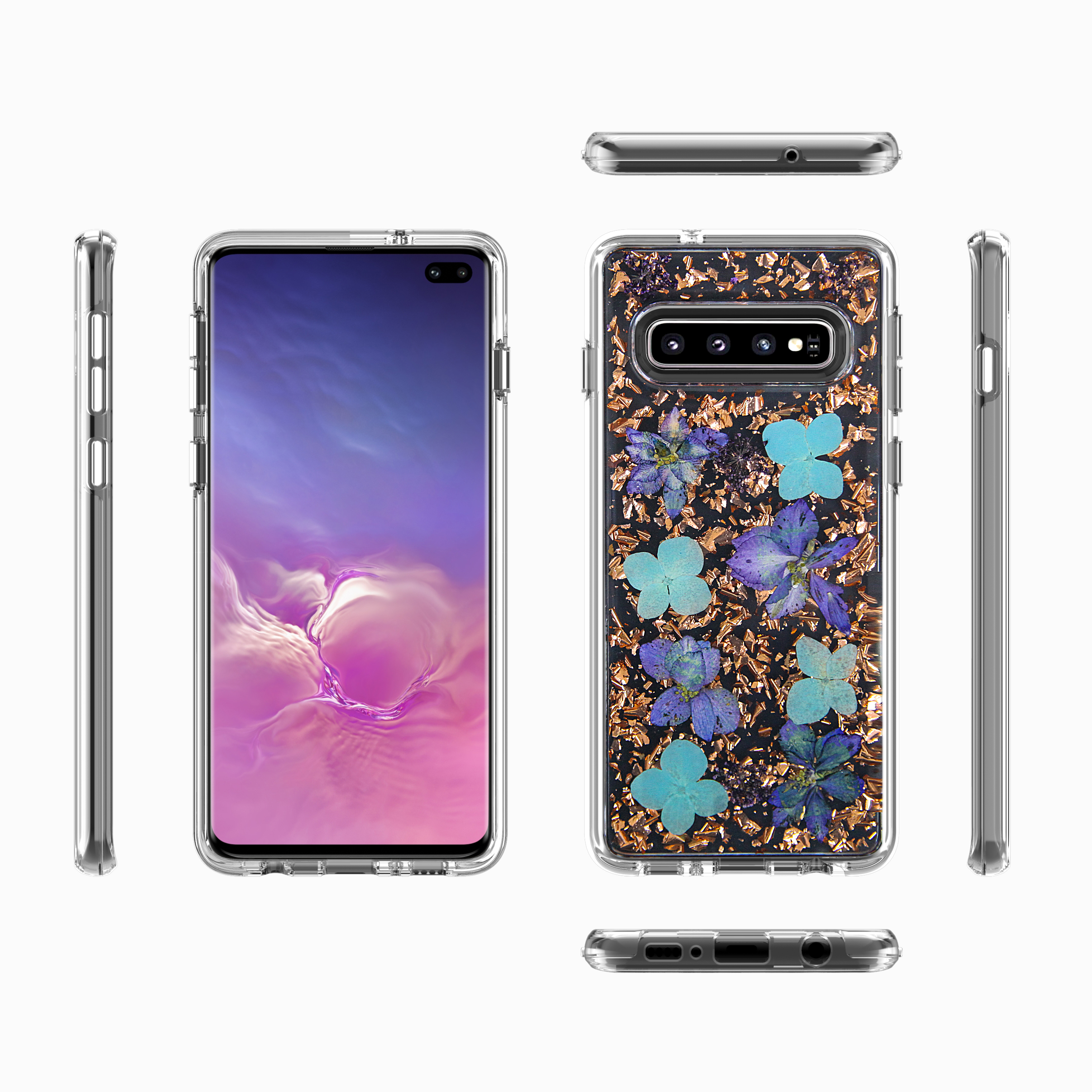 Galaxy S10e Luxury GLITTER Dried Natural Flower Petal Clear Hybrid Case (Bronze Blue)